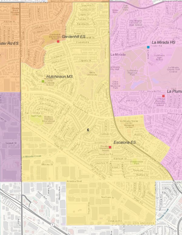 Map of Norwalk-La Mirada Unified Trustee Area 6, shown in yellow across south-central La Mirada.